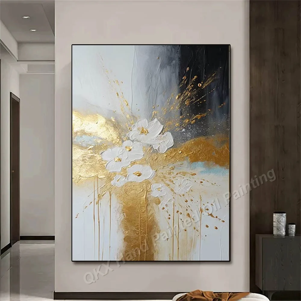 Luxury Gold Drip Splatter Handmade Oil Painting White Flower Impasto Vertical Canvas Wall Art Decor for Living Room