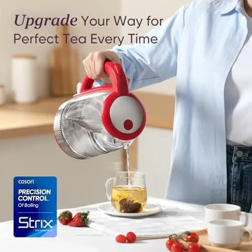 

Электрический чайник 1,7 л, красный – из боросиликатного стекла, без пластика, с автоматическим отключением, для чая и кофе