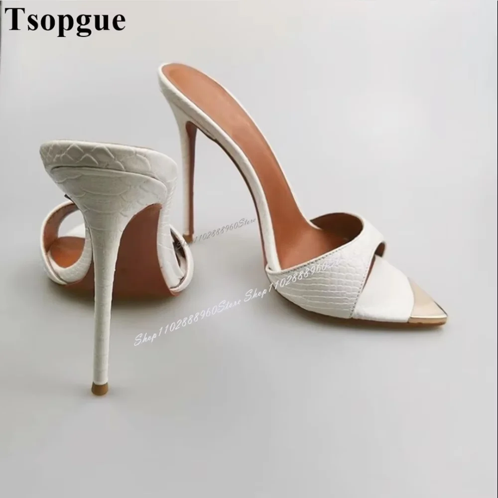 

Elegant White Snake Skin Metal Toe Pointy Slippers Stilettos High Heel Shoes For Women Slip On Open Toe Gorgeous Women Slippers