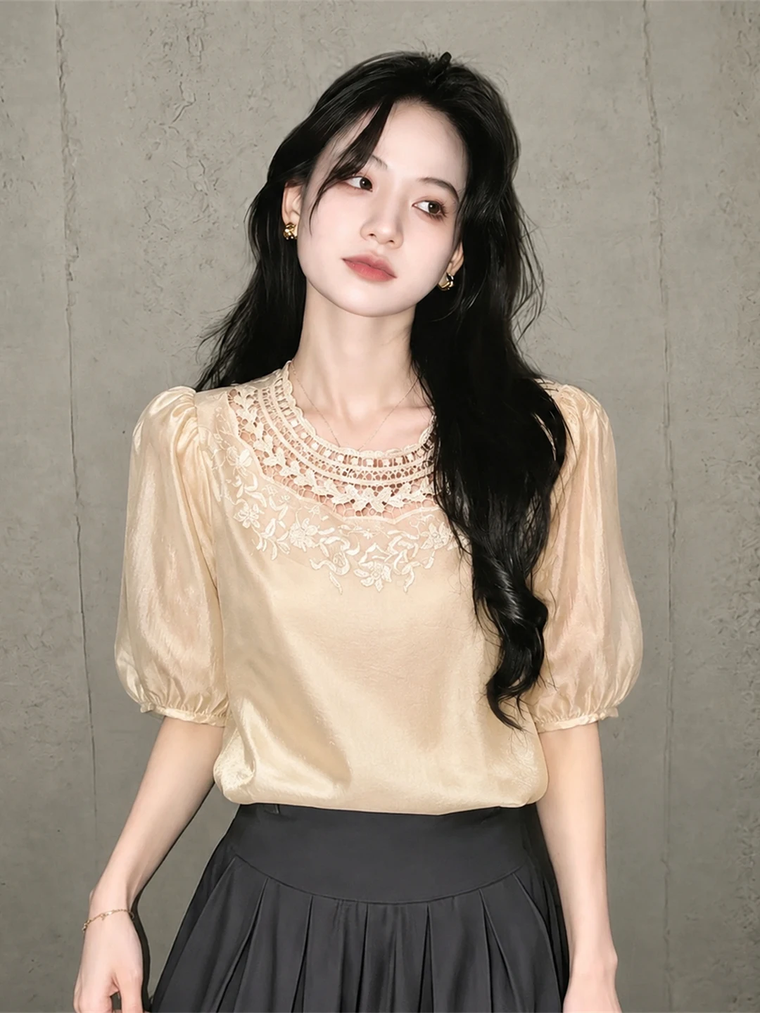 Elegant Embroidered Hollow out Bubble Sleeve Shirt round Neck Commute Style Silk Top Women's Fashion Spring Summer 2026
