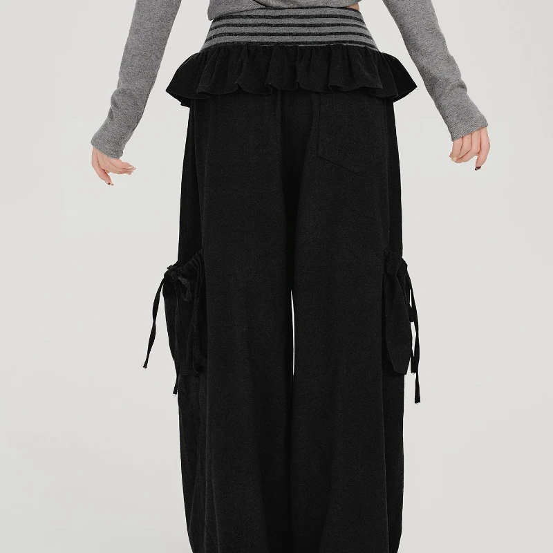 American Retro Striped Splicing Straight-Leg Women's Casual Pants 2025 Autumn Winter New Loose Wide-Leg Long Trousers Ladies