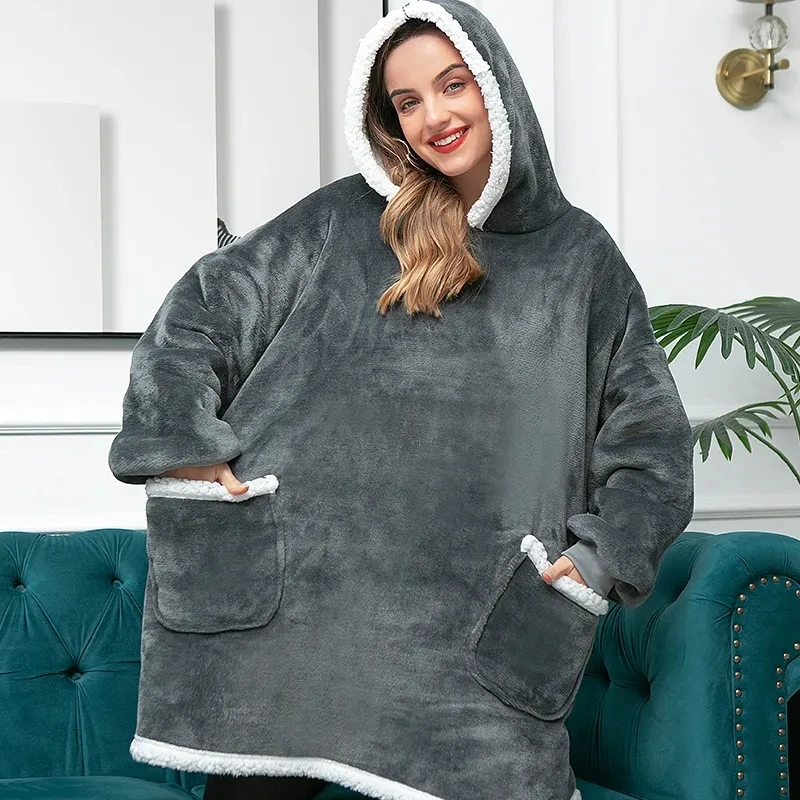 Winter Warm Blanket Hoodie Large Microfiber Plush Blankets With Sleeves Soft Sweatshirts Wearable Hooded Blankets