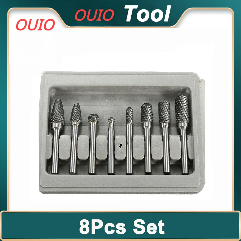 OUIO Tungsten Carbide Burr Bits 8pcs 1/4 Inch 6mm Rotary Files CNC Engraving Tool Set For Power Tool