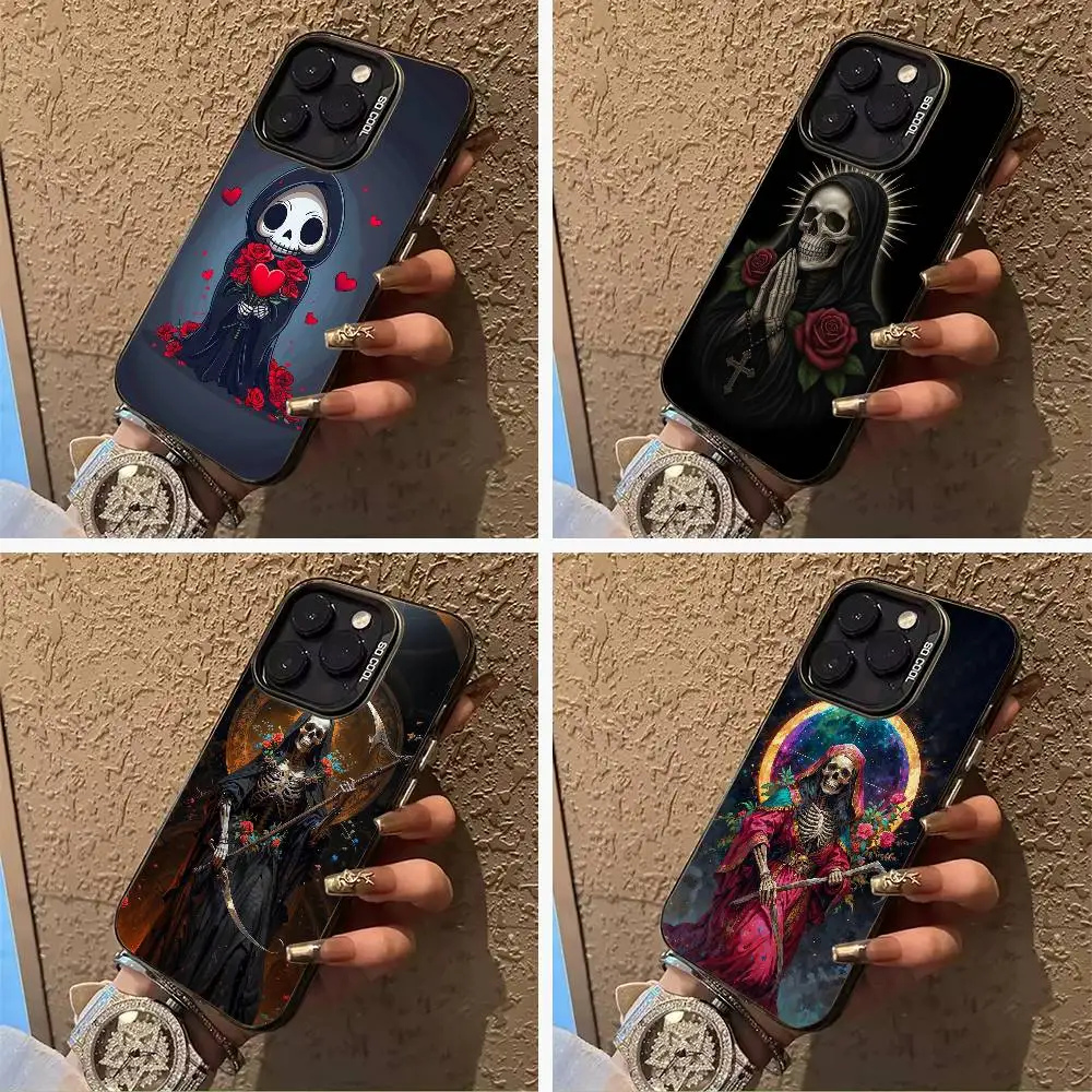 

S-Santa -M-Muerte P-print Phone Case For iPhone 17,16,15,14,13,12,11 Plus Pro Max Colored Silver Phone Case