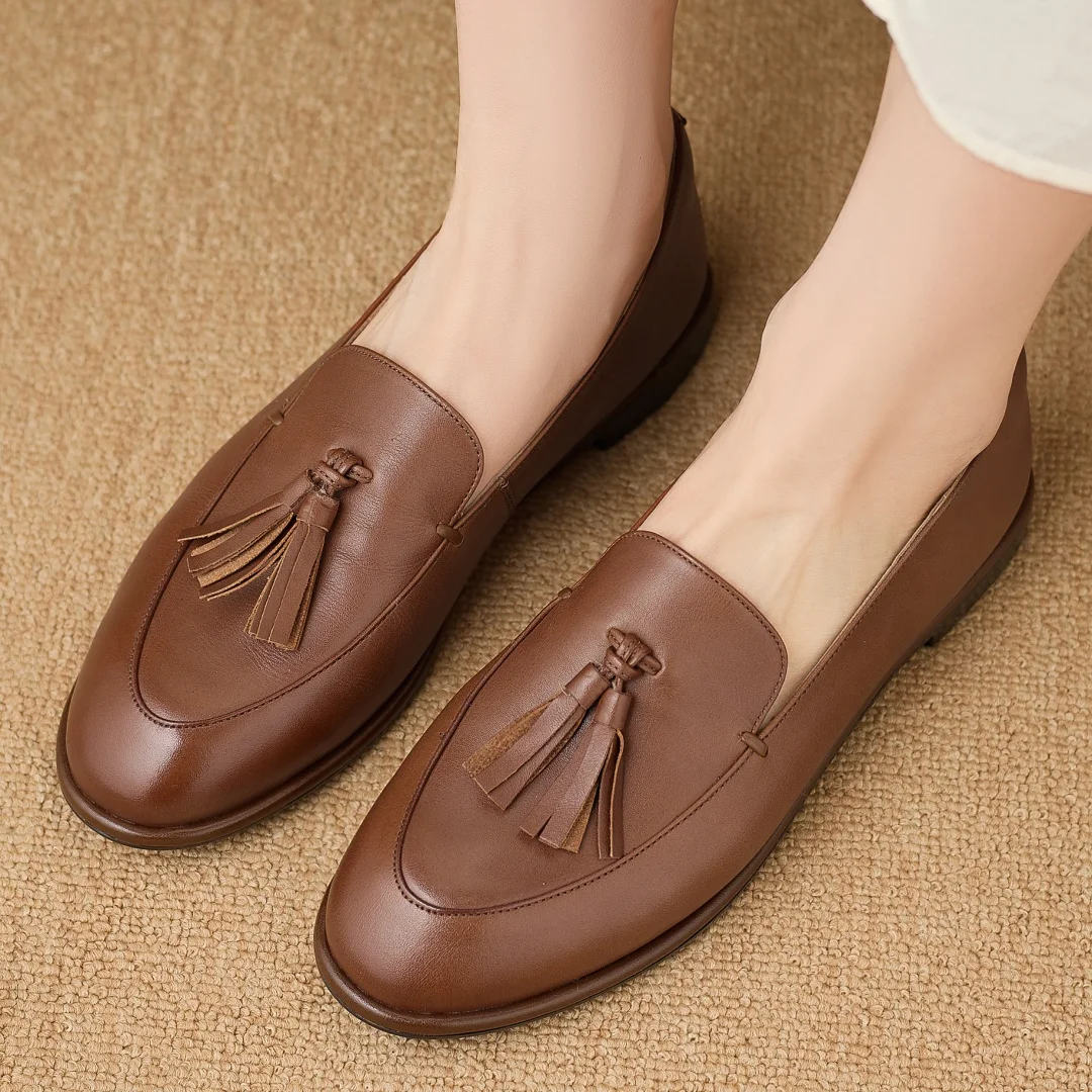 

danxuefei women's cow leather round toe fringe decoration slip-on flats loafers high quality soft comfortable casual moccasins
