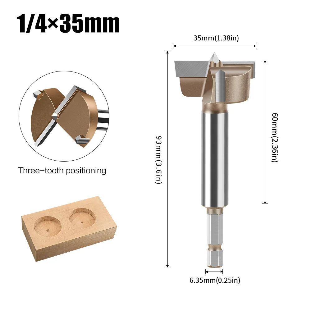 Imagem -05 - Broca Forstner para Carpintaria Hex Shank Abridor de Furos Tungstênio Carboneto Hole Saw Cutter Dobradiça Boring Bit 3550 mm 6.35 mm 1pc