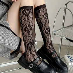 Women Lolita Flower Socks Spring Summer Thin Lace Heart Cute Calf Socks Hollow Fishing Net Stockings Black White Sexy Long Sock