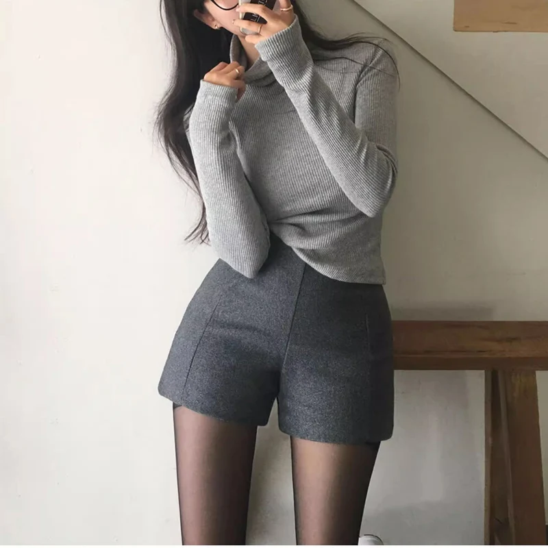 Gray Woolen Short Pants Women's Autumn Winter Slim Fit Korean Style High Waist Three-quarter Length Pants Straight Leg Casual...