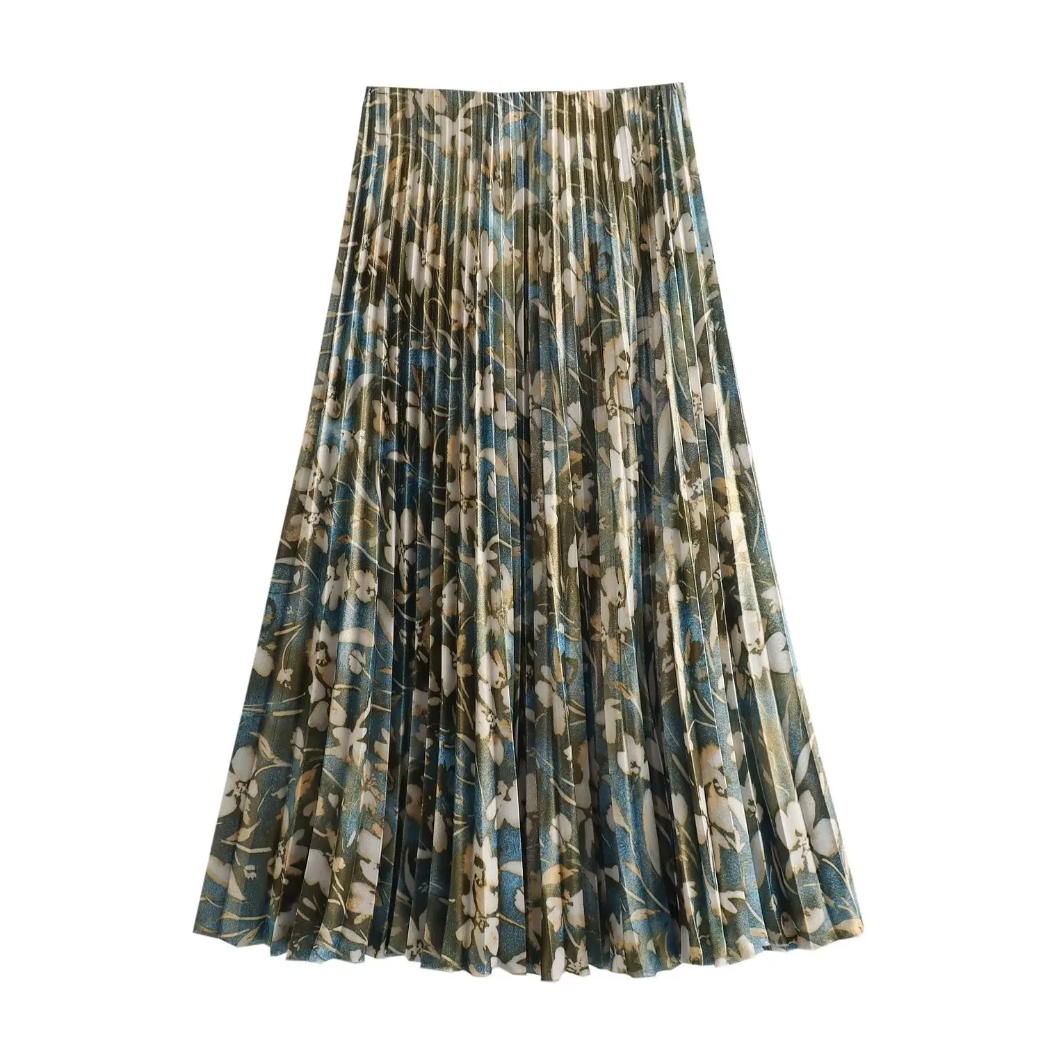 Tangada 2024 Women Flower Print Pleated Skirt Zipper High Waist Female Long Skirt 6X0111