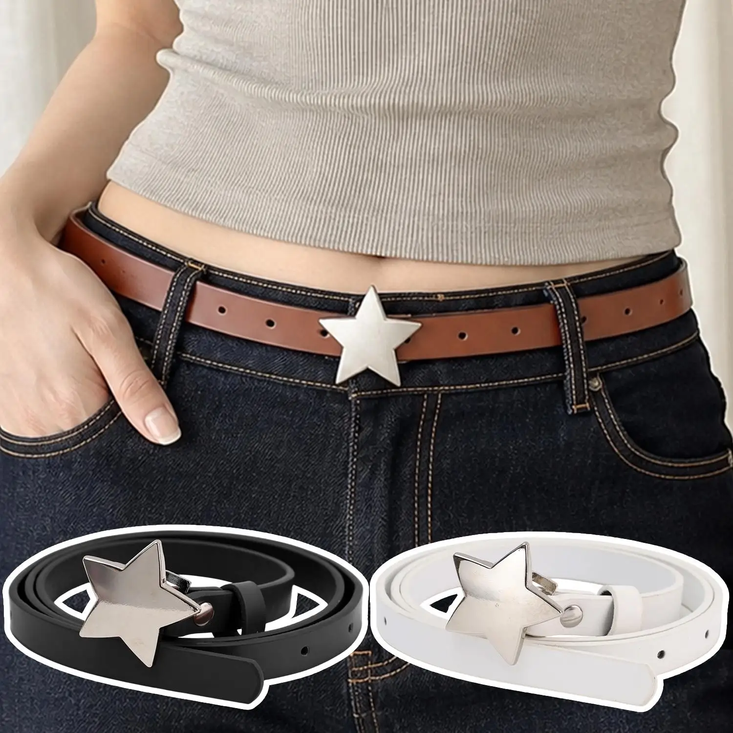 Retro Popular PU Leather Waist Belt Y2K Five Point Star Belts Waistband Elegant Metal Buckle Star Belt Thin Waistbands for Women