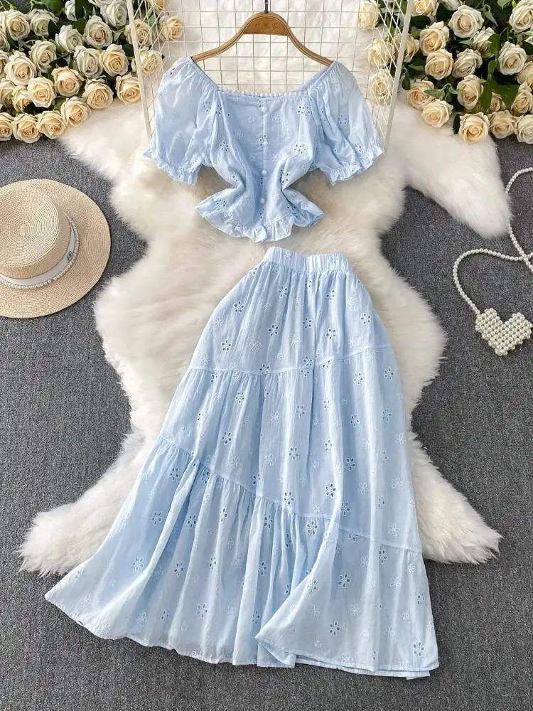 

Women Pink Square Neck Vintage Two Piece Sets Summer Bubble Sleeve Shirt Ruffle Top Hook Flower Hollow Out Outfits