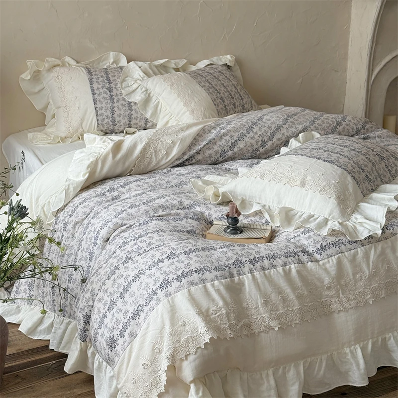 Vintage French Prints Lace Ruffles Bedding Set Double Layer Yarn 100% Cotton Duvet Cover Flat/Fitted Bed Sheet Pillowcases 4Pcs