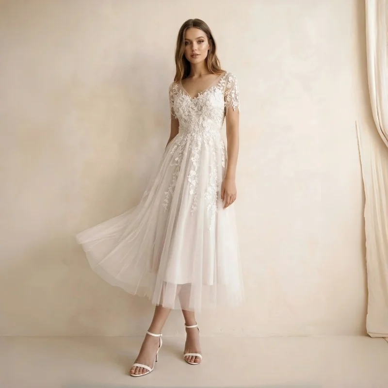 V-Neck Mid Length Lace Wedding Dress Sheer Elbow Sleeves With Back Buttons Evening Gowns Customizable