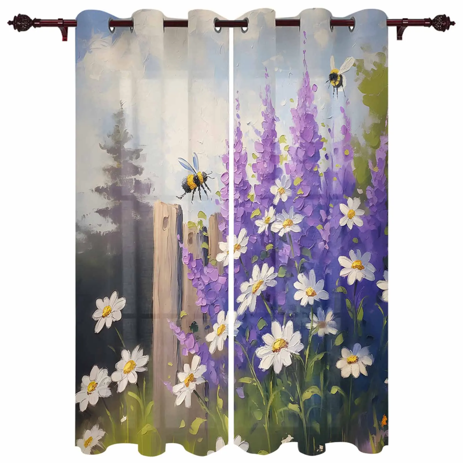 Oil Painting Purple Lavender Daisy Garden Bees Modern Window Curtains for Living Room Bedroom Curtain Home Decor Balcony Drapes