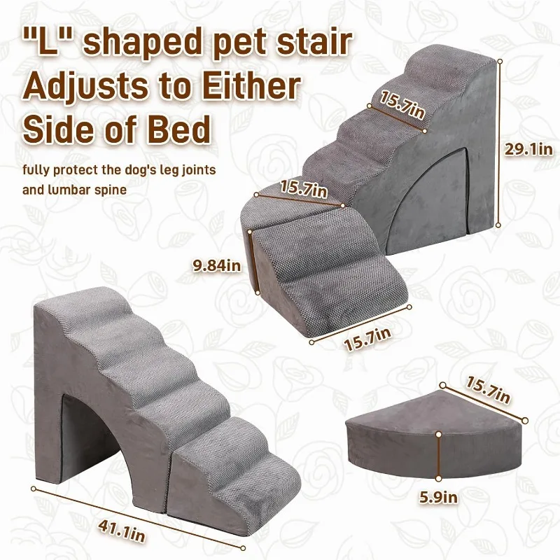 Foam Dog Stairs & Steps Ramps for High Beds 25-30 inches High Tall,6 Step Pet Steps，Non-Slip for Small Dogs,Older Dogs/Cats