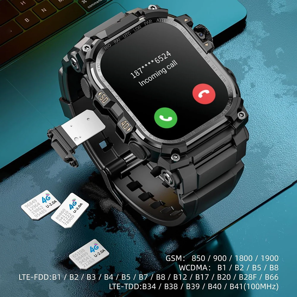 LOKMAT 4G بطاقة SIM ساعة أندرويد الهاتف تلسكوبي كاميرا دوارة مربعة شاشة كبيرة واي فاي مصباح يدوي جهاز تعقب للياقة البدنية Smartwatch