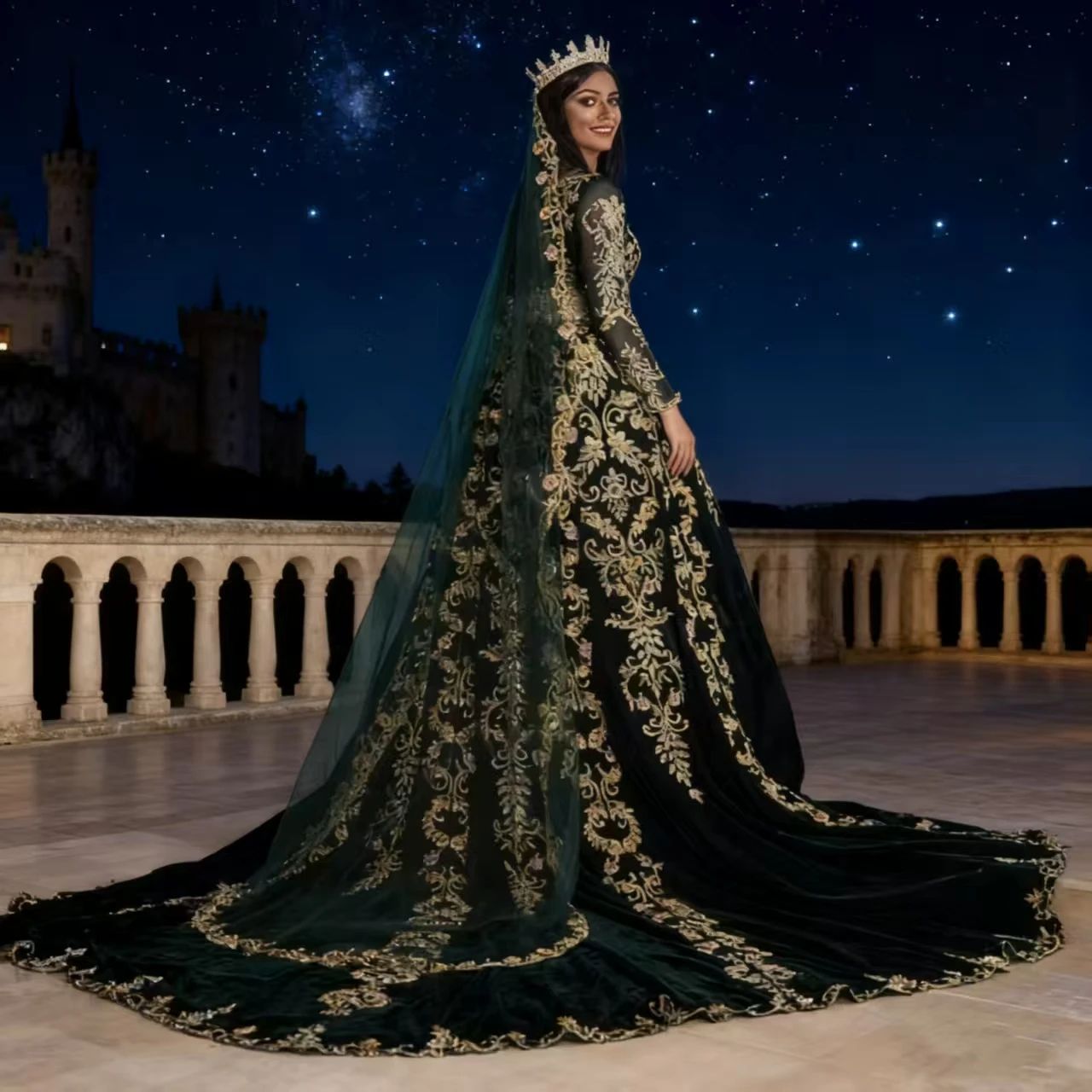 Middle East Arabic Dubai Muslim Wedding Dresses with Long Sleeve Hunter Green Gold Lace custmsized Kaftan Caftan Bridal Gown