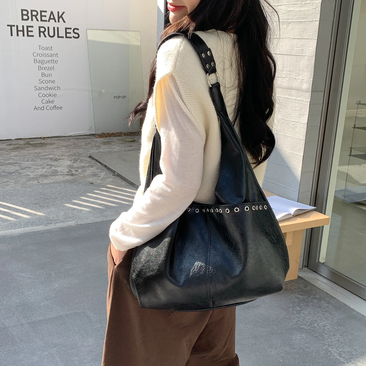 

FIRMRANCH Trend Large Capacity Soft PU Leather Tote Bag For Women Fashion Office Commuting Shoulder Purse Solid Color Design