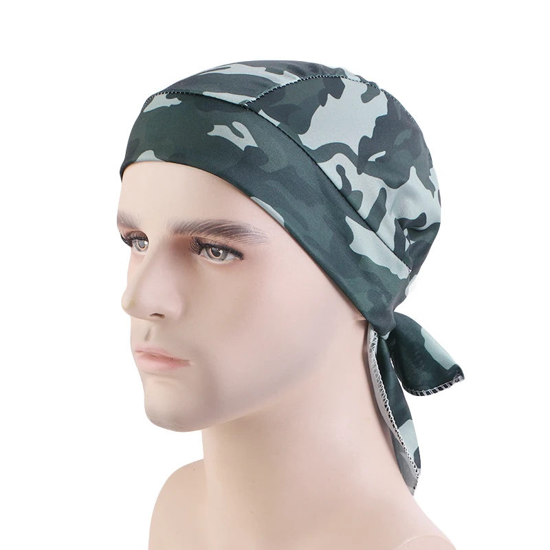 Nowy nadruk w kamuflażu jedwabisty Durag dla mężczyzn Bandana Turban Unisex Doo Durag peruki męskie długi tren czapka piracka bandany