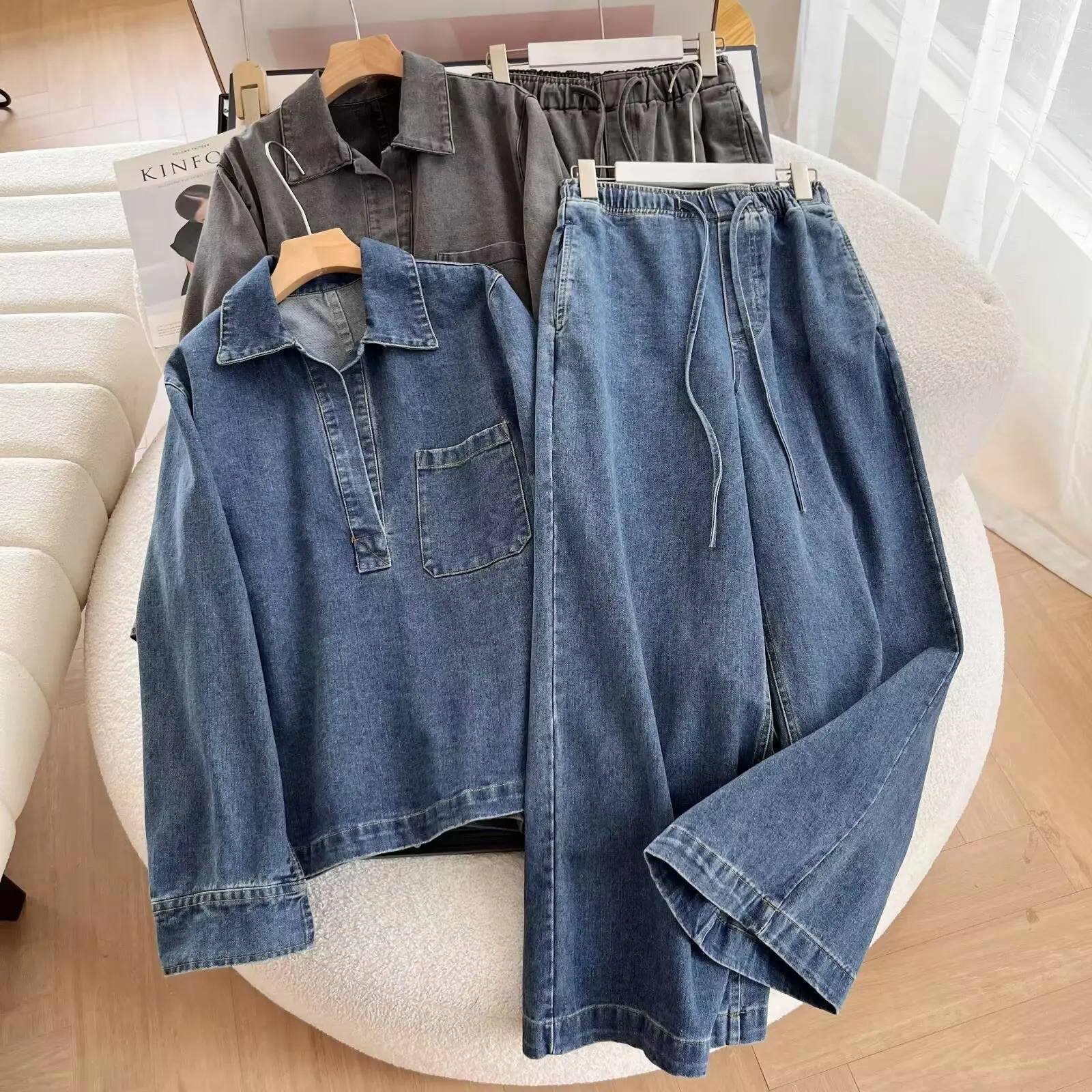 Pant Set Women Two Piece Sets Denim Jogger Tracksuit Turn Down Collar Tops Wide Leg Long Pants High Waist Y2k Streetwear 2026