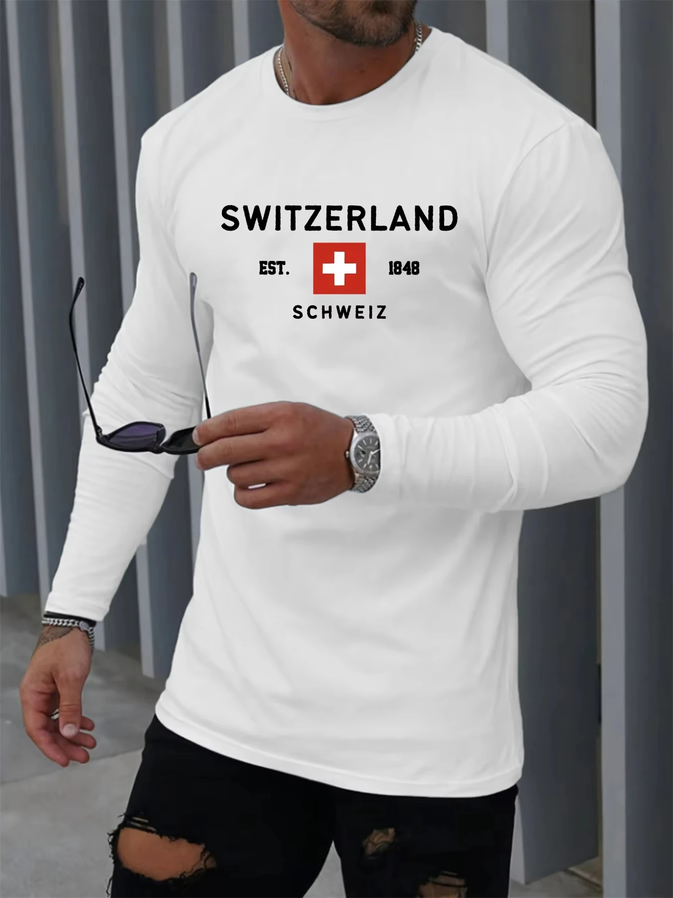 تي شيرت رجالي أساسي لخريف وشتاء 2026 مريح غير رسمي رياضي سويسري مطبوع برقبة دائرية وأكمام طويلة ملابس دافئة #6