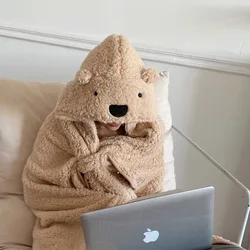 Bear Fleece Hooded Blanket Winter Warm Blanket for Office Bedroom Living Room Wearable Soft Cute Blanket Shawl