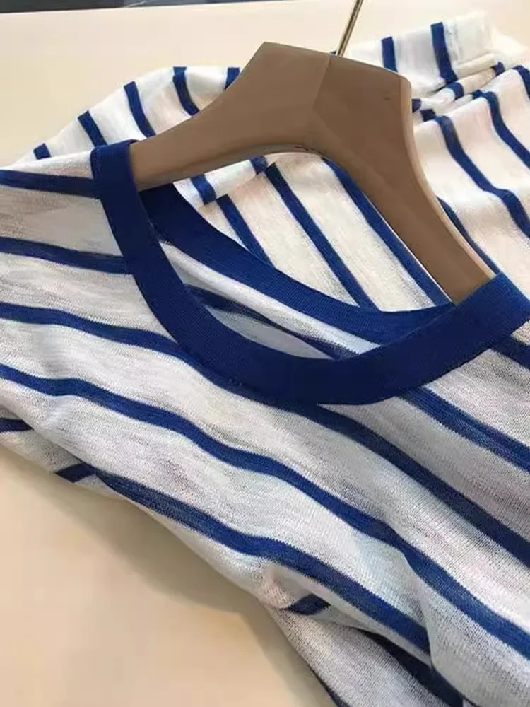 

Slimming Effect Korean Sle Striped Design Loose Fit Long Sve round Ne Knitwear for Women Ele Spring Autumn Top