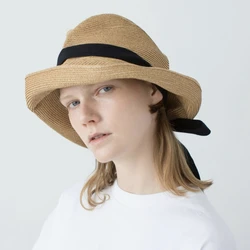 Japanese designer fold streamer hat Manila hemp hat new foldable irregular simple artistic shade fisherman hat