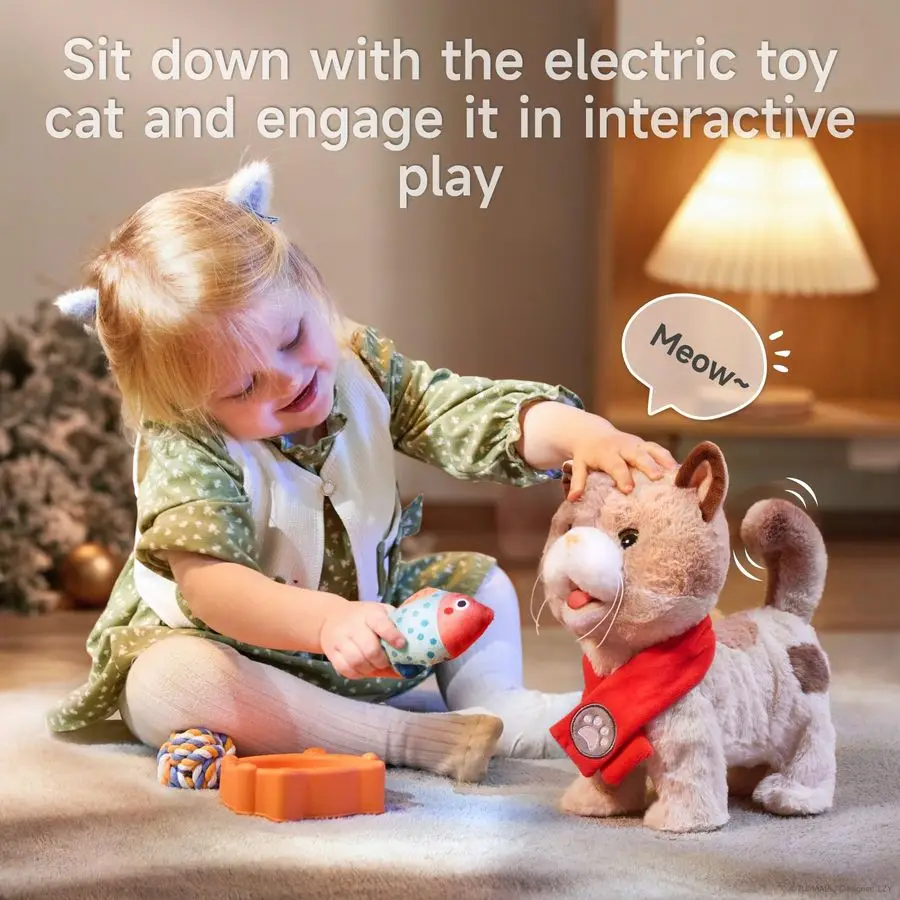 Speelgoedkat voor kinderen, schattig en realistisch Kitty-speelgoed dat wandel, miauwt, tong uit en wags-staart, interactieve elektronische kattenpluche
