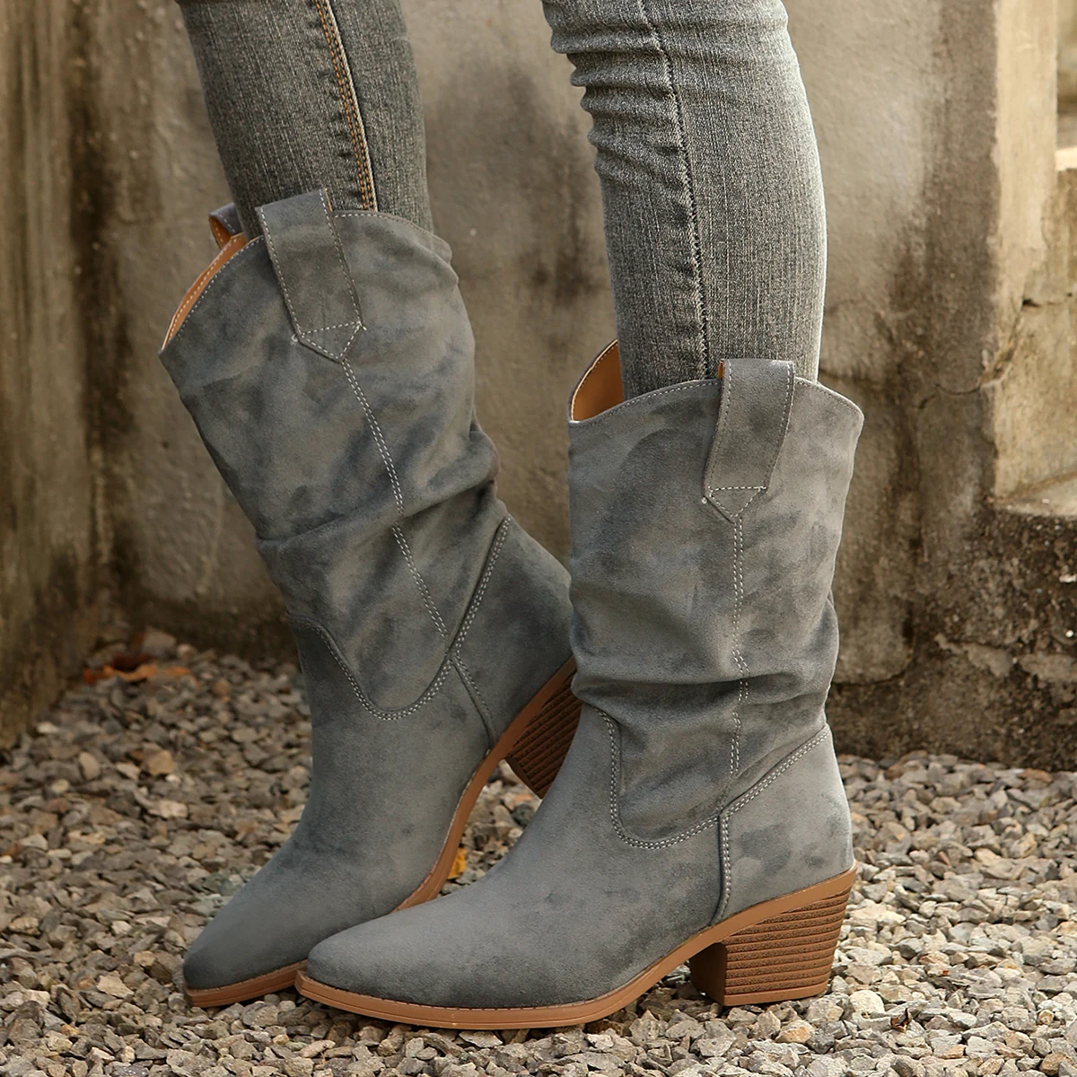 Retro Pleated Western Cowboy Boots for Women Chunky Pointed Toe Mid-Calf Boot Multi-Color Casual Sleeve Knight Boot