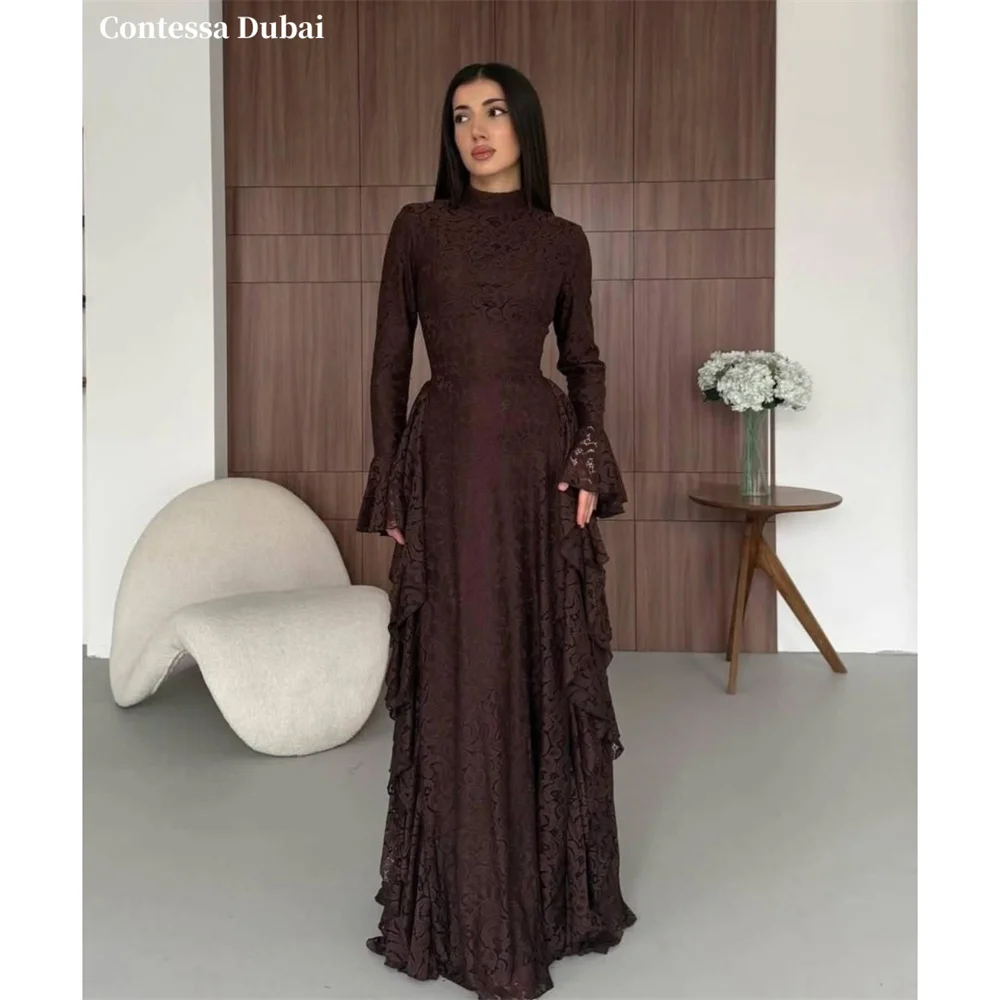 

Contessa Custom Dark Brown Lace Evening Dress High Neck Modest Prom Dresses Ruffle Hem Vestidos De Noche Sheath Formal Evening