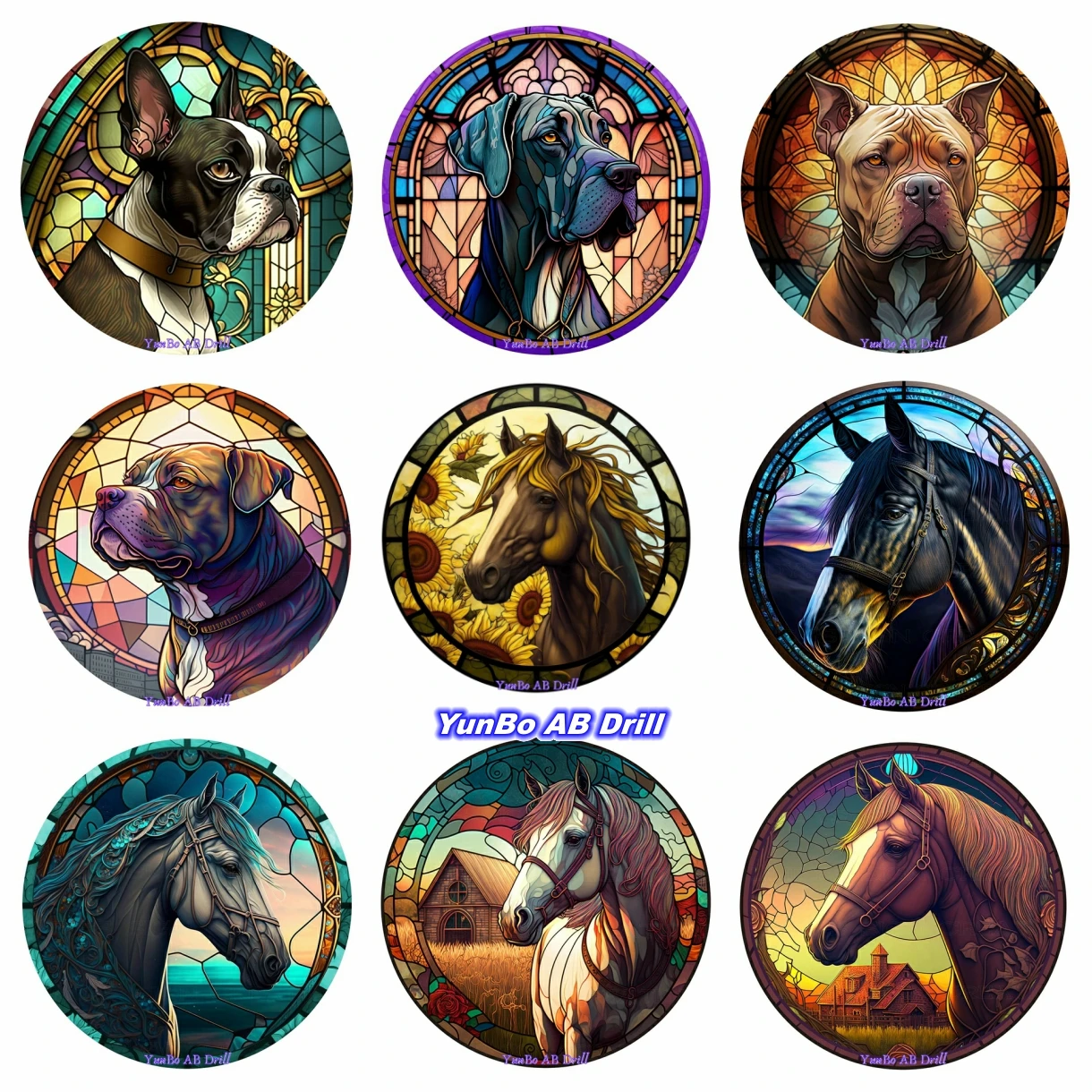 

AB Drill Stained Glass American Pit Bull Horse Animal Wreath DIY Diamond Painting Kits Wall Home Decor Crafts Rhinestone Mosaic