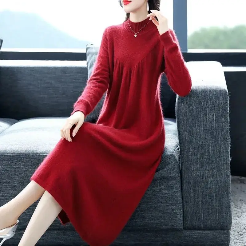 Suéter de Malha Solto e Longo para Outono e Inverno, Tamanho Plus, Camada Base Feminina, Saia Casual em A-Line