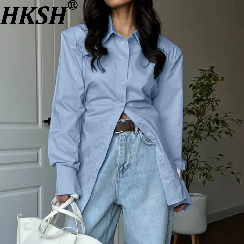 

HKSH Women Shirt Solid Color Turn-down Collar Single Breasted Long Sleeve Versatile Blouse Elegant Casual Top New Spring HK20961