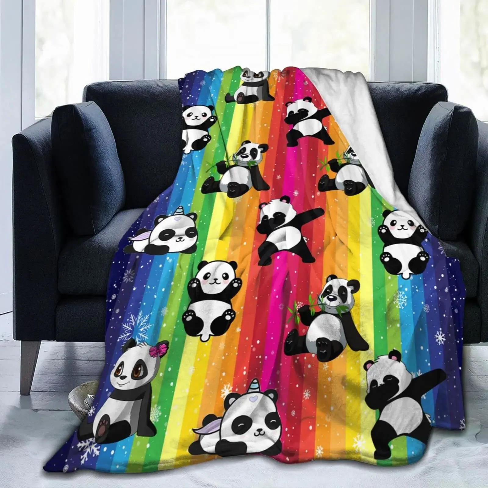 Cute Panda Rainbow Blanket Soft Lightweight Flannel Fleece Cartoon Throw Blankets Bedding for Bed Sofa Couch Living Room Gifts