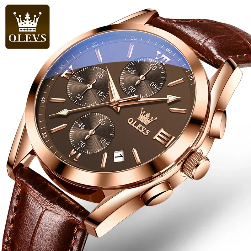 Olevs 2872 quartz multifunctional exquisite men wristwatches, Pu strap Sport waterproof watches men luminous Chronograph