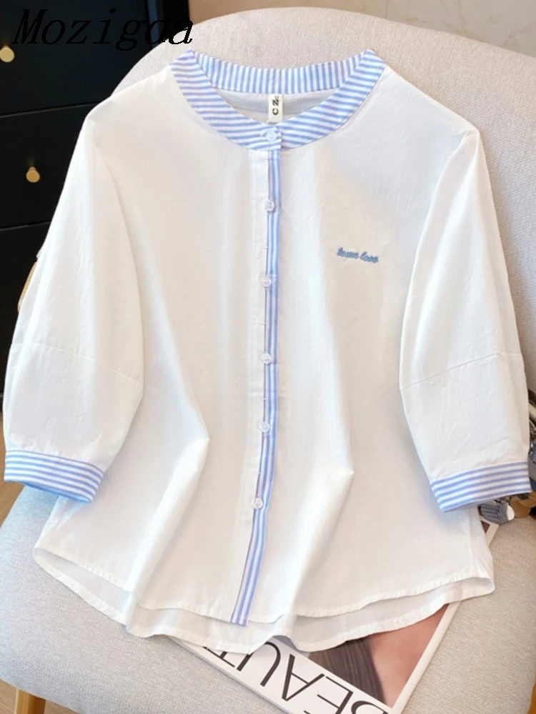 

Summer Oversize Cotton Striped Dress Women Korean Loose Patchwork Woman Blouse Long Sleeve Ladies Tops