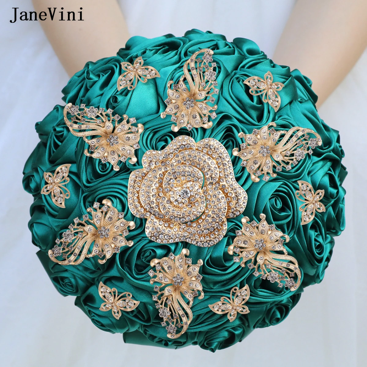 JaneVini New Luxury Gold Rhinestone Jewelry Bridal Brooch Bouquets Artificial Satin Roses European Bride Wedding Bouquet Flowers