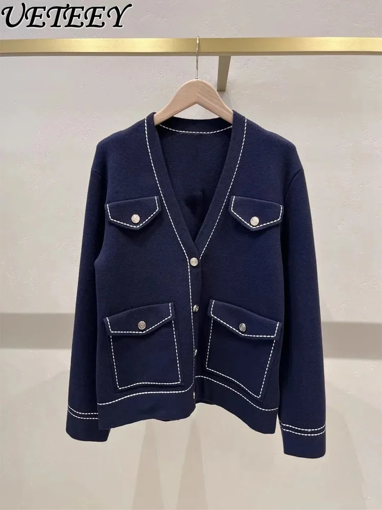 

High-End French Style Elegant Temperament Color-Block Stitching Dark Blue Sweater Coat Single-Breasted V-Neck Knitted Cardigan