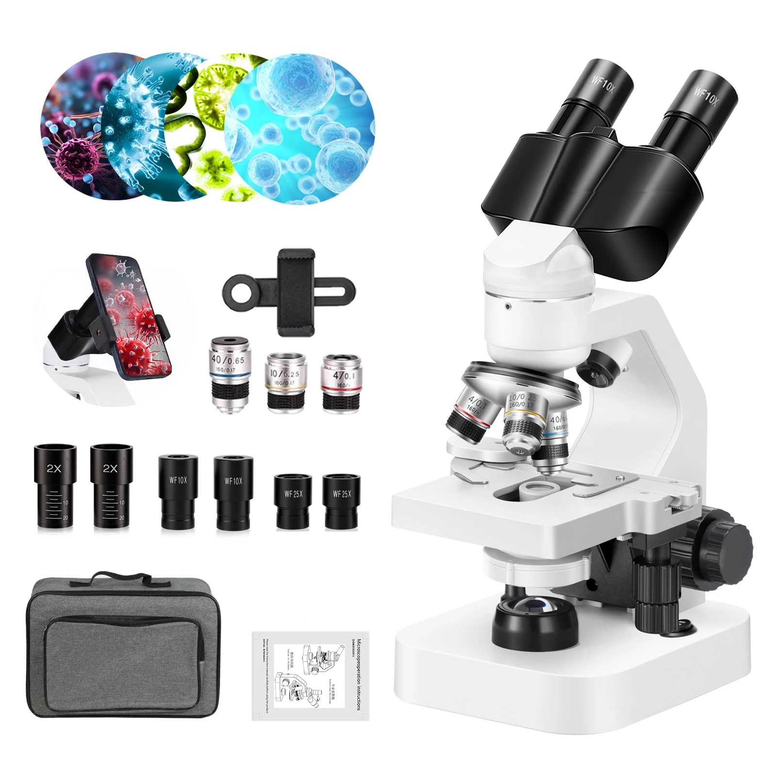 2000X ABS Binocular Microscope with Double Layer Stage, Student Biological Optical Microscope Kit with Mobile Phone Holder, Scho - view 5