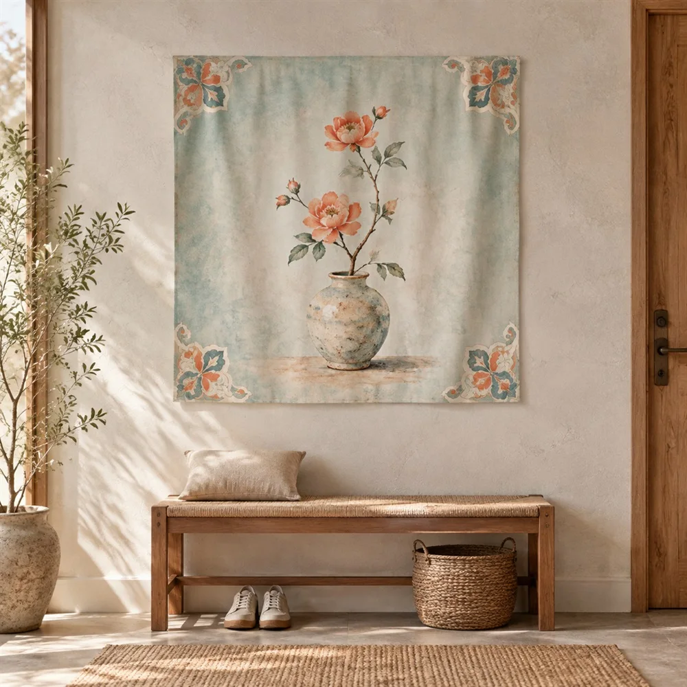 VIKAMA Single Branch Vase Corner Motif Tapestry Wall Hanging, Wabi Sabi Wall Decor Tapestries for Bedroom Nursery Kids Room