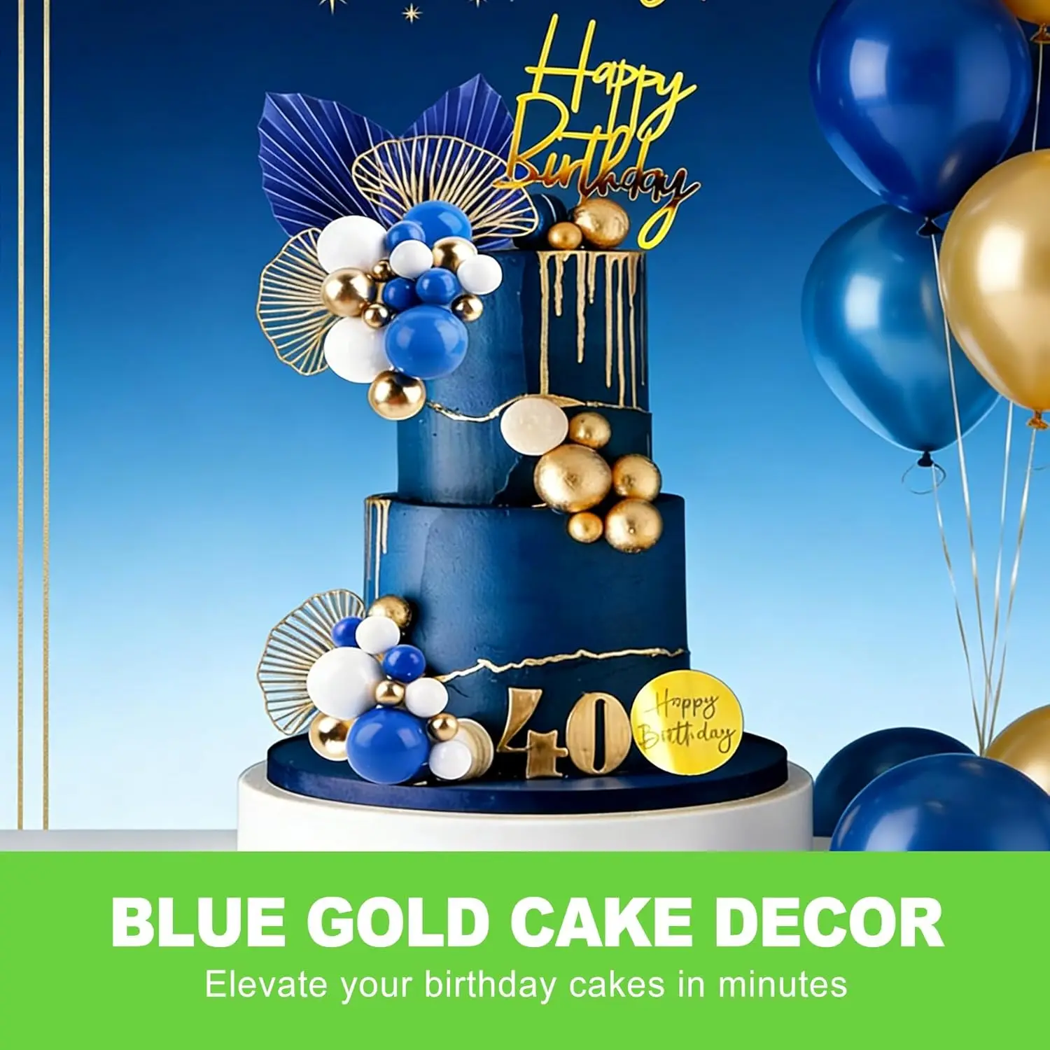 Blau-Gold Boho Tortendekoration mit Papierfächerchen und Ginkgo-Blatt-Deko - Happy Birthday Picks für Geburtstag, Hochzeit, Babyparty – Detail 3