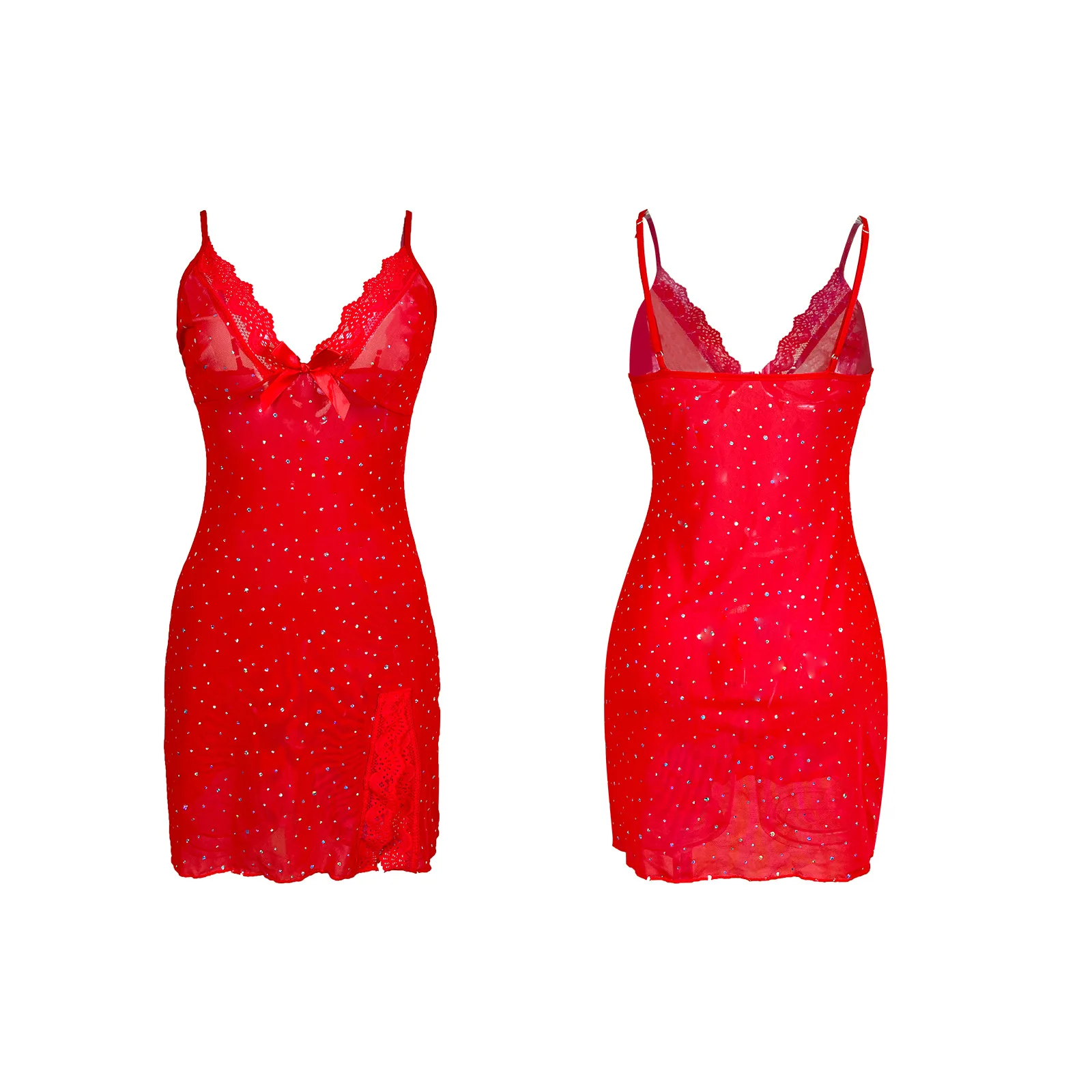 Thin-strap Sequined Sheer Mesh Nightgown With Lace V-neck And Side Slit Private Room Camisole Sleepwear Solid Color Dress PQFP