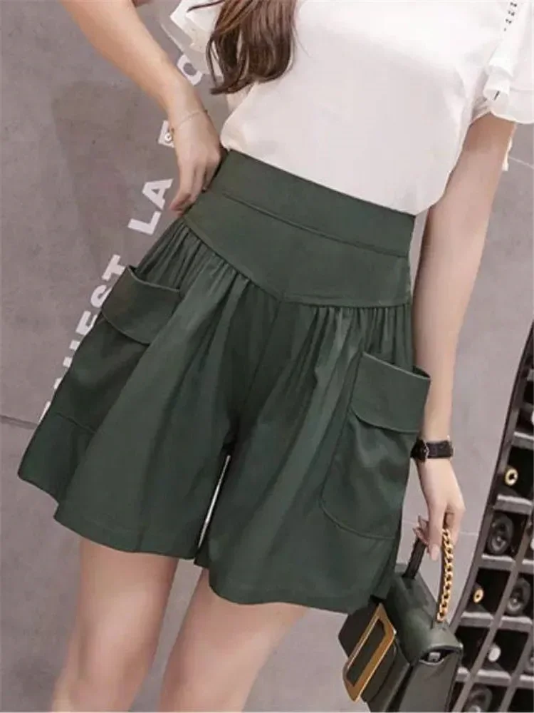 Summer Shorts Women Casual Pleated High Waist Pockets Wide Leg Thin Elastic All-Match Loose Soft Cotton Exercise Folds