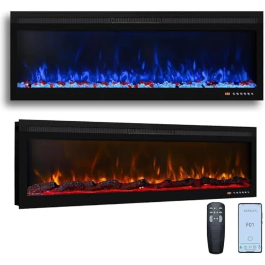 Wall Mounted and Recessed Electric Fireplace with App Remote Touch Screen Control Realistic Log Set and Crystal Accents 13 Adju