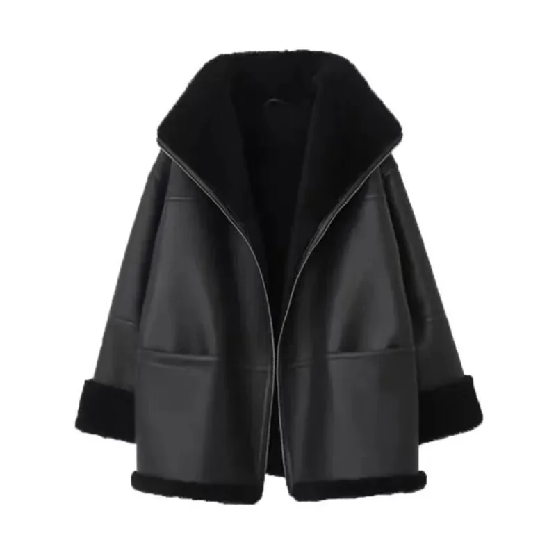 Koreanische Nachahmung Lammfell Langarm Pelz Einteilige Jacke frauen Mantel Winter Neue Warme Lose Motorrad Kragen Leder mantel