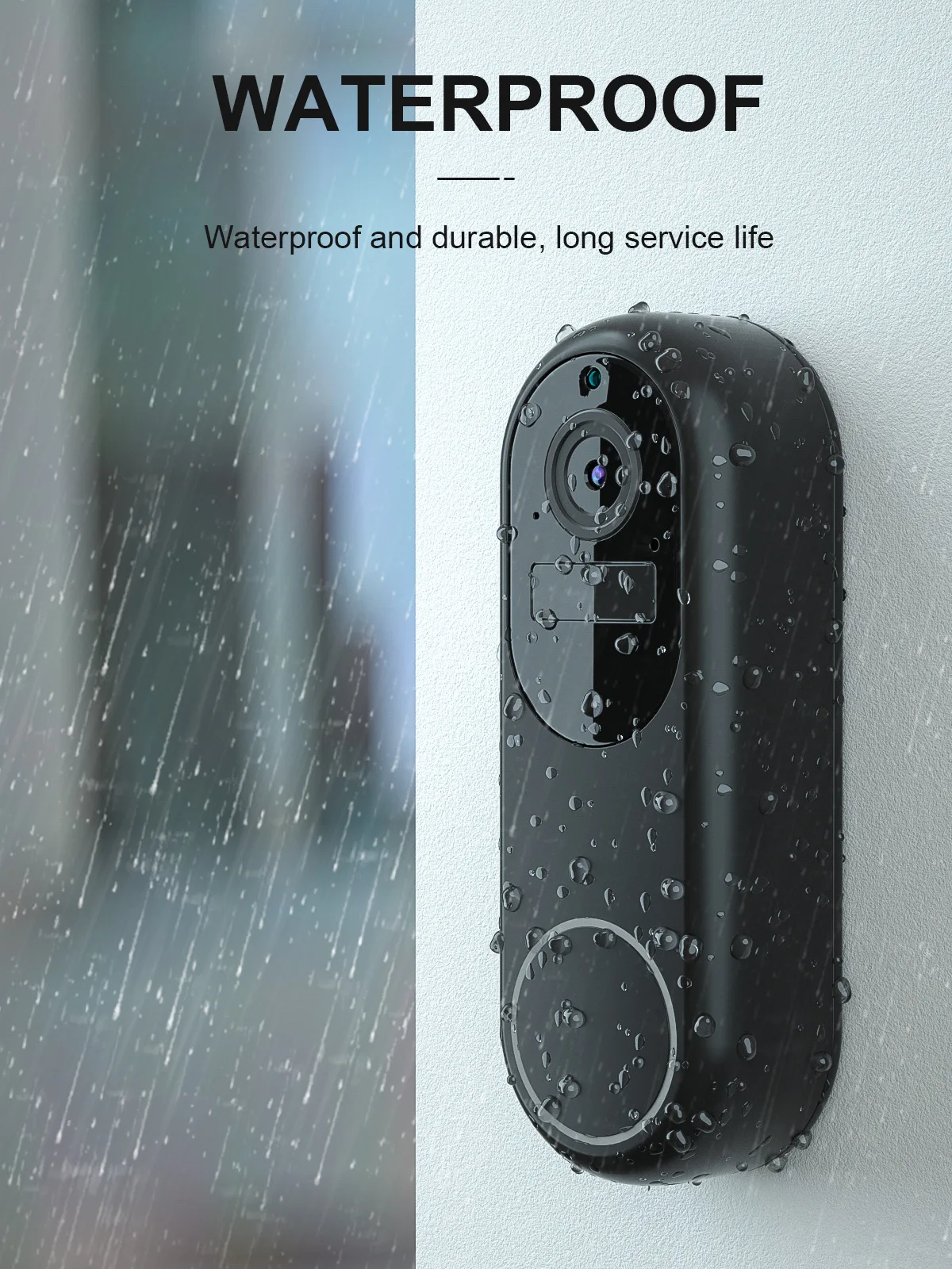 Black waterproof wireless video doorbell camera with 1080p dual wifi featuring a camera lens, button, and circular speaker grille.