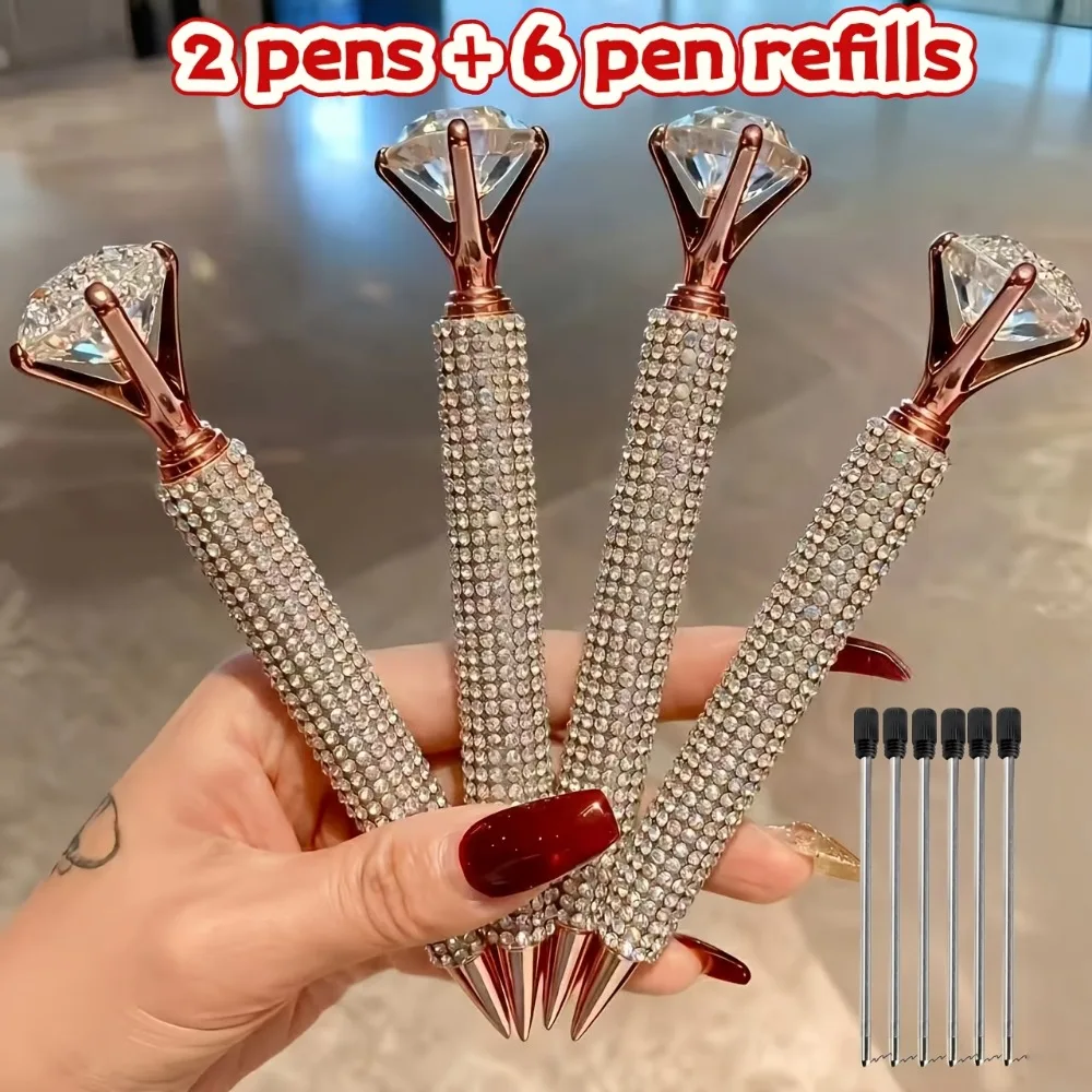 2Pcs Metal Rhinestone Ballpoint Pen Set with 6 Refills, Medium Nib Writing Pen, Fashion Stationery Gift for Teachers Students