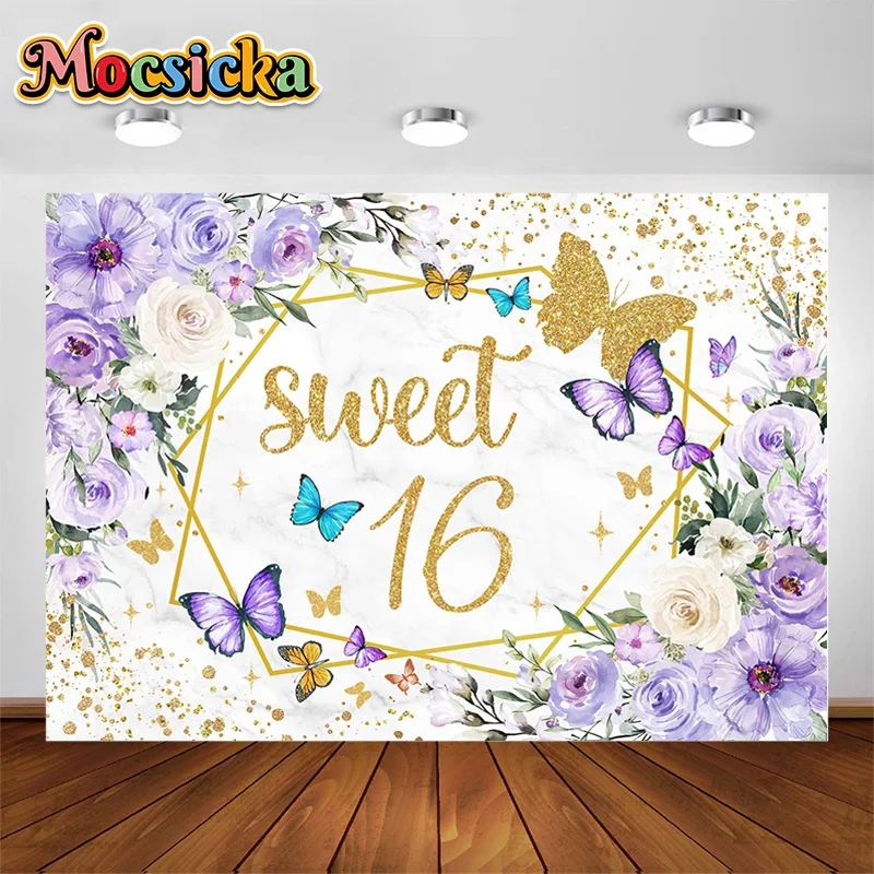 Girl 16th Birthday Photo Backdrop Purple Butterfly Flower Gold Dots Party Decoration Photography Background Text Customizable