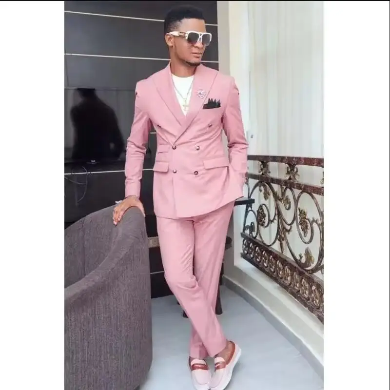 New Pink Wedding Men's Suits Bespoke Peak Lapel  Double Breasted Blazer High End Business Terno Elegant 2 Piece Jacket Pants Set
